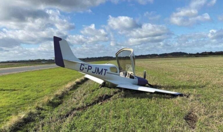 Pilot and passenger walk away unharmed in crash after fault with plane’s landing gear