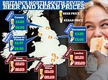 The Great British beer and kebab divide: Map shows how southerners are paying THREE TIMES more for pints and post-pub grub than drinkers in the north (where the average price is just £2.65)