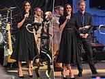 Meghan stuns in a £112 Banana Republic shirt dress as she joins Harry onstage at the Invictus Games just hours after flying into Dusseldorf